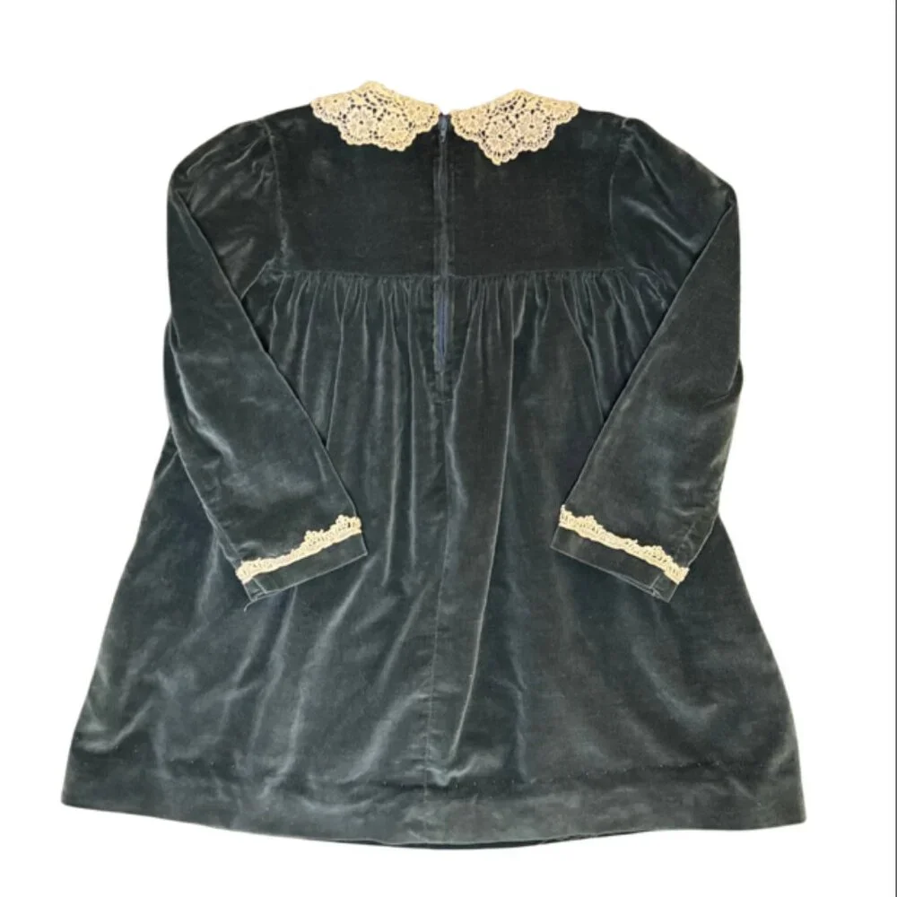 Vintage Beatique Girls Velvet Dress Size 5 –Blue Holiday Dress with Lace Collar - Picture 6 of 9